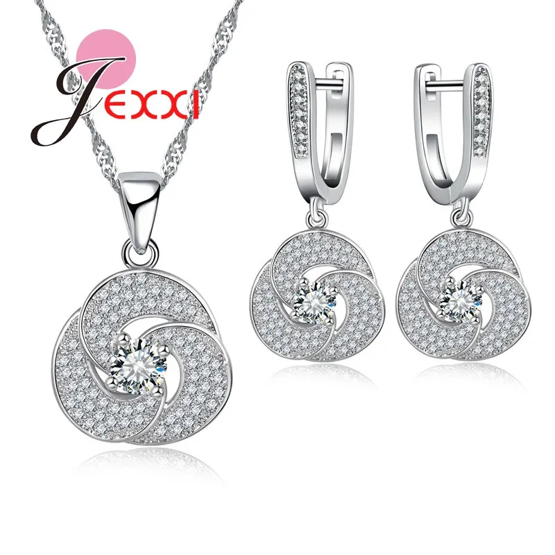 Sterling Silver Crystal Round Pendant Necklace Earrings Womens Jewelry Set Party