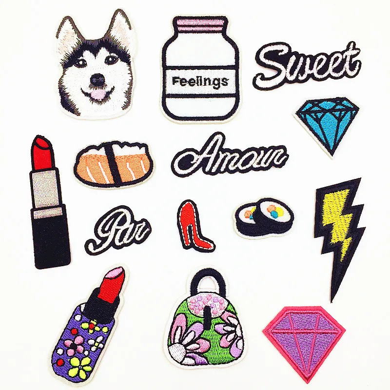 

Sweet Dog Lightning Diamond Lipstick Embroidery Patches for Clothing Iron on Clothes Jeans Appliques Badge Stripe Sticker Craft