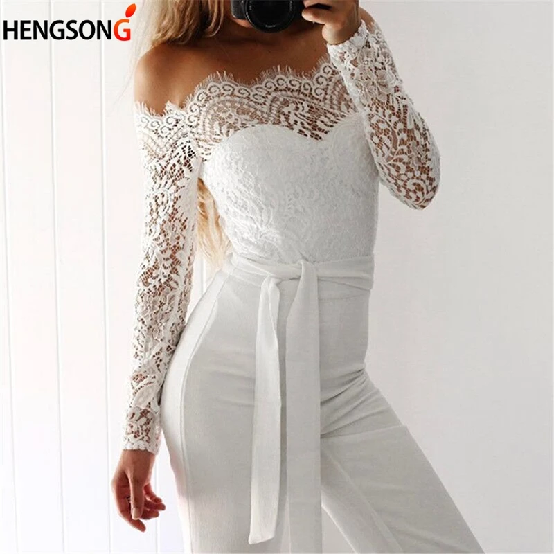 

Sashes Elegant Women Lace Sexy Rompers 2019 Autumn Slim Female Overalls Solid Ladies Jumpsuits One Piece For Women