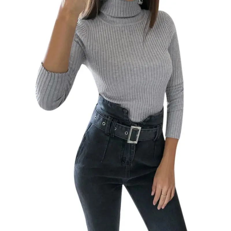 

Women Sexy High-necked Bodysuit Autumn Winter Solid Color Long-sleeved Knit Slim Jumpsuit