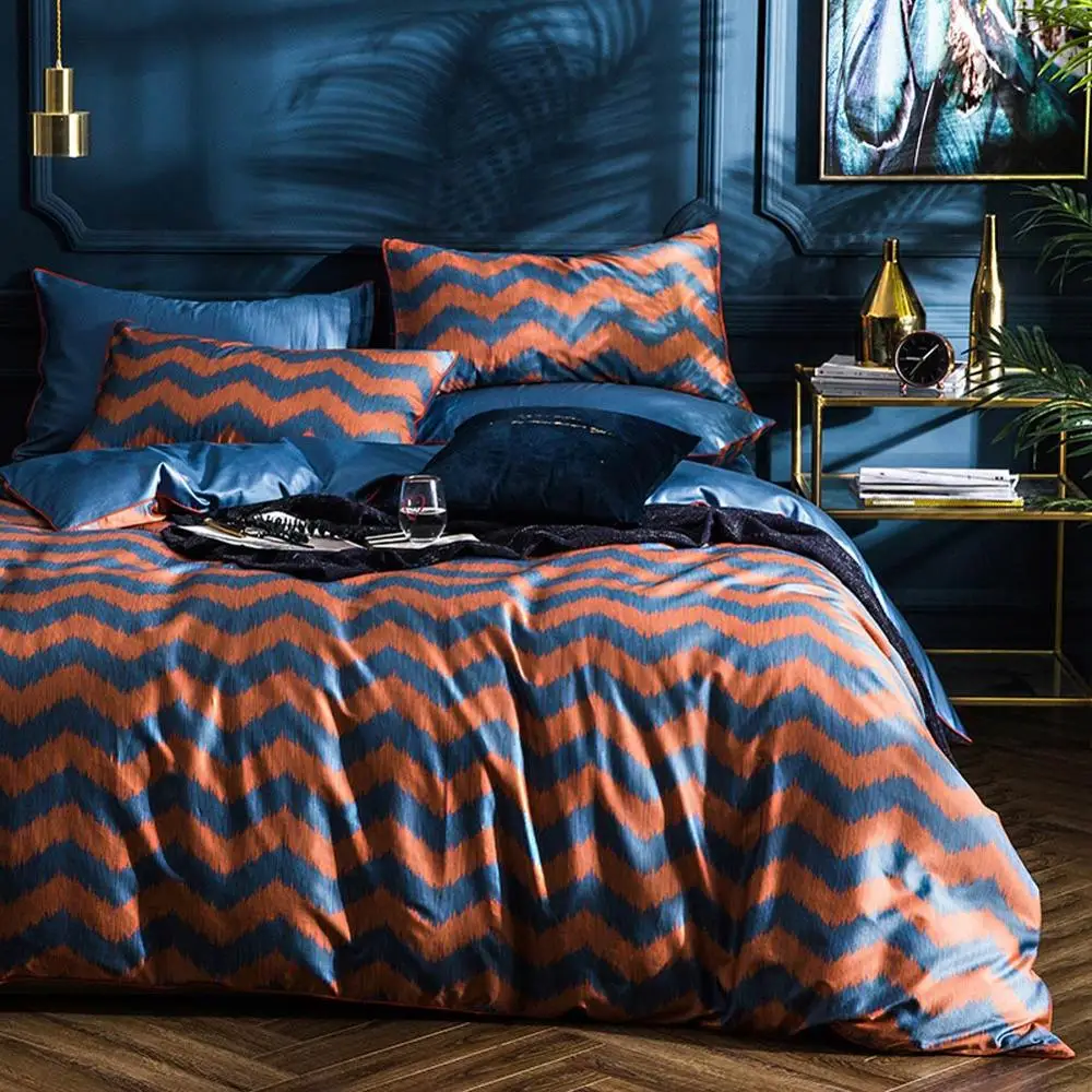 

2019 Dark Blue Orange Waves Duvet Cover Set Luxury Egyptian Cotton Fabric Bedlinens Queen Size Bedding Set Bedsheet Bedspread