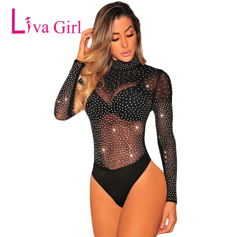 LIVA GIRL Black Mock Neck сексуальное прозрачное боди для женщин перспективная сетка с серебряными шипами Daimonds Джемперы и Комбинезоны женские боди Топы - Цвет: Черный