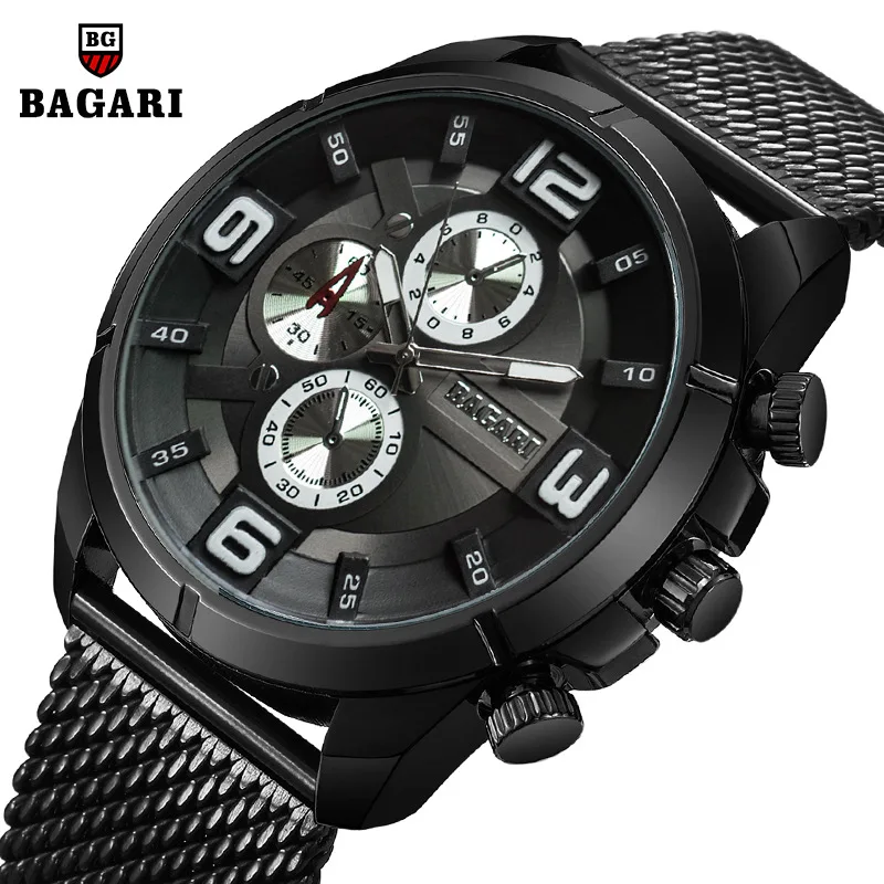 

luxury man wristwatches quartz stainless steel Mesh belt Mens watches BAGARI brand sports waterproof luminous black blue gold