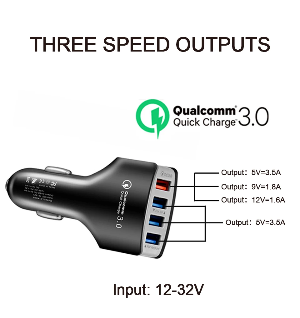 Автомобильное зарядное устройство QC3.0 4USB зарядка для мобильного телефона планшет CE FCC ROHS Сертификация 12V-24V-32V 3.5A быстрые зарядные устройства для автомобиля грузовика