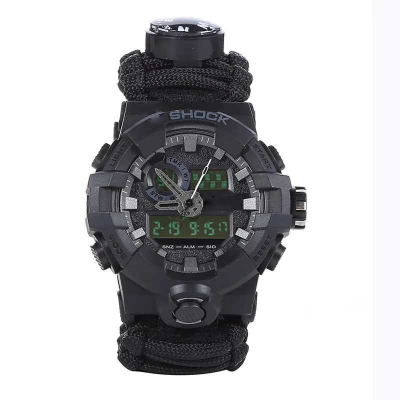 Billige Outdoor Camping Überleben Uhr Multi funktionale Wasserdicht Paracord Uhr mit Kompass Pfeife Thermometer Rettungs Seil Überleben