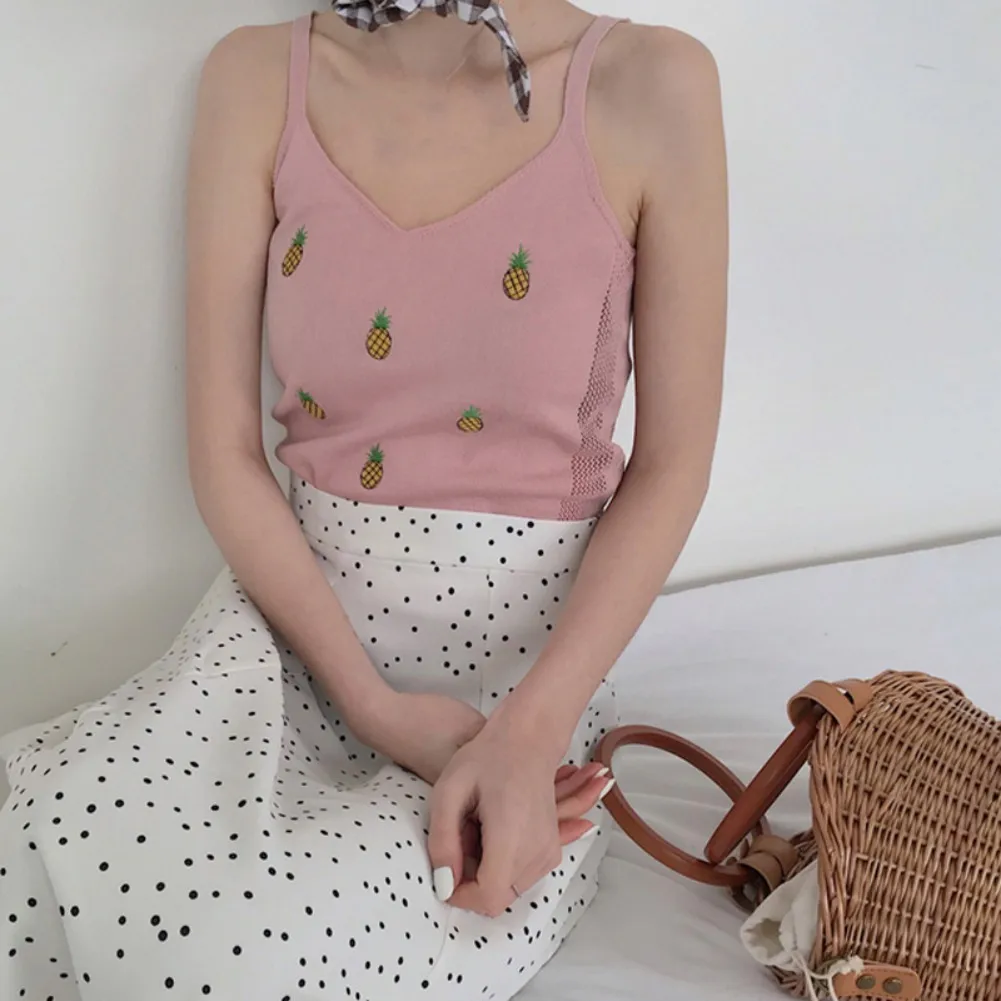 Women summer Pineapple Embroidery Knitting Camisole Vest V-neck Sexy Tank Tops Female Fashion top