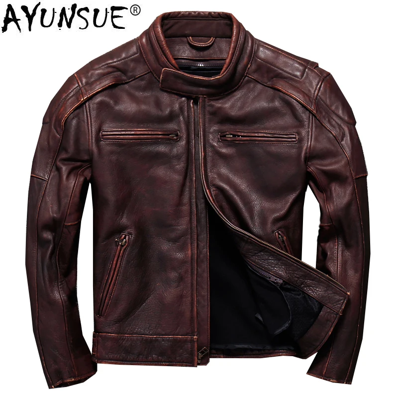 

AYUNSUE Retro Cowhide Genuine Leather Jacket Men Real Cow Leather Coat Motorcycle Jacket Short Vintage Leather Jackets KJ1441