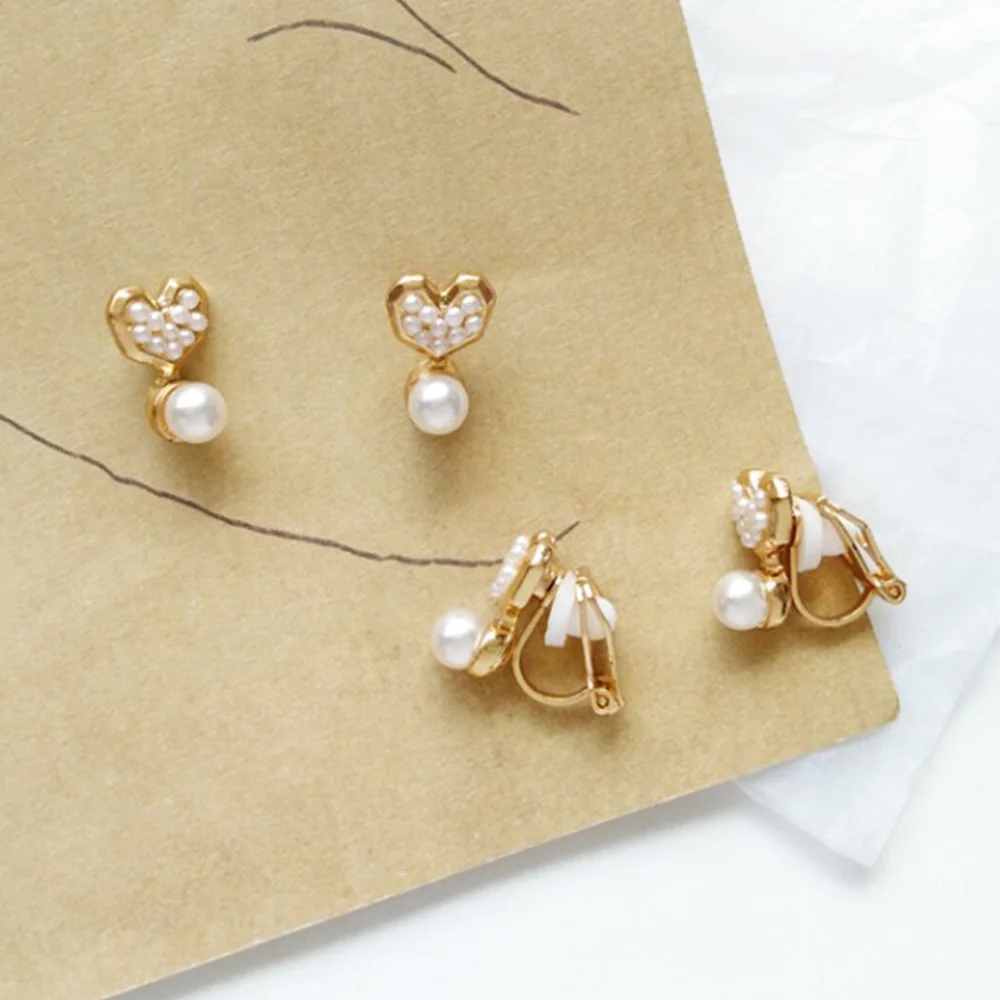 

Chadestinty Gold Color Clip On Earrings Women Simulated Pearl Earring Without Piercing Heart Earings Round Ear Cuff Wedding Gift