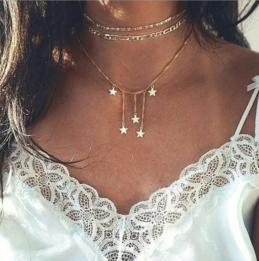 

Luxury Lady Star Pendant Alloy Necklace Fashion Women Crystal Multi-Layer Choker Collar Pendant Chain Necklace Jewelry