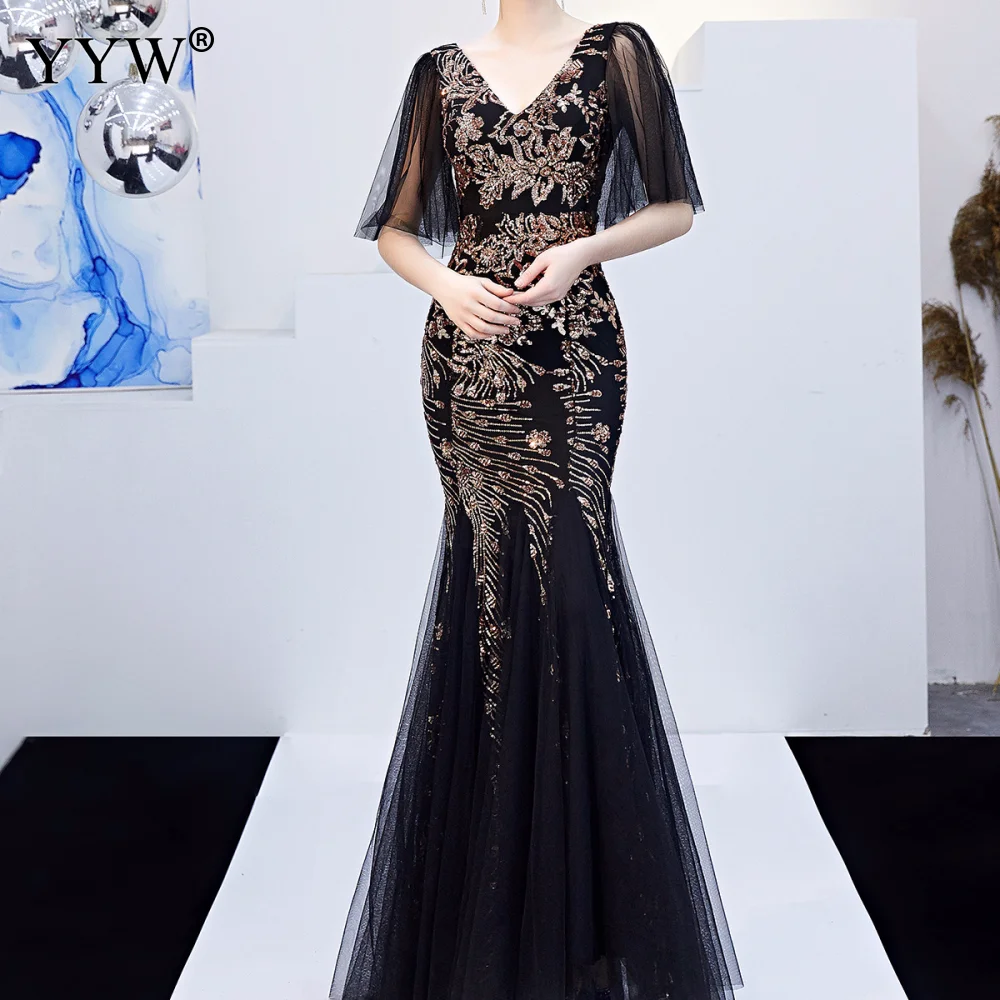 

Evening Party Long Dress Black Mesh Gold Floral Sequined V Neck Mermaid Dress Luxury Formal Batwing Sleeve Sexy Nightclub Wear
