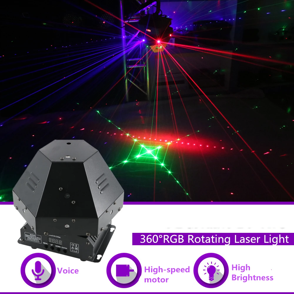 

AUCD 360 Degree 11 Lens RGB Rotating Laser x2 + 4 In 1 LED laser Storbe Gobos Light x1 DJ Party Stage Lighting
