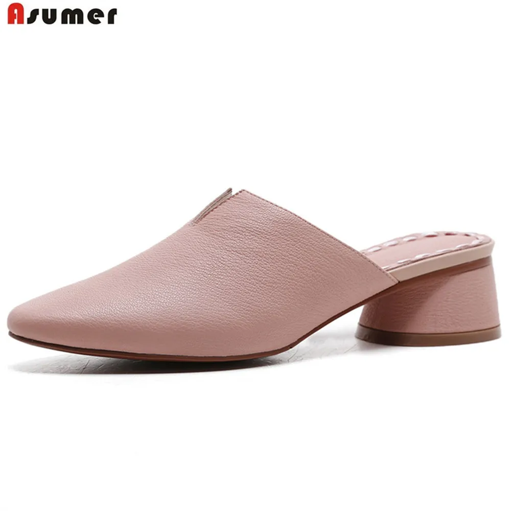

Asumer fashion spring autumn shoes woman round toe shallow casual mules shoes thick heel women genuine leather slippers