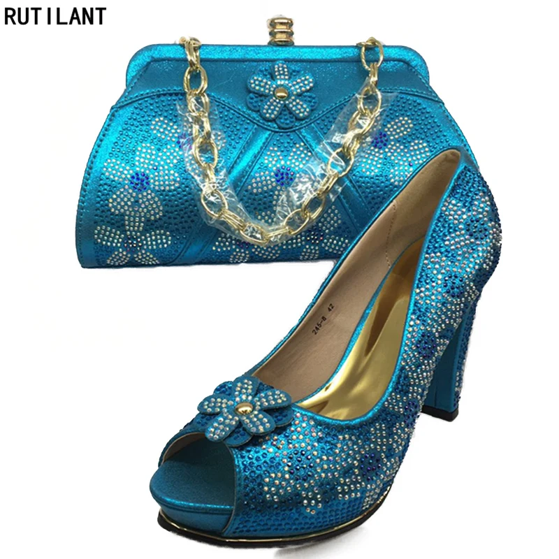 Las oro pink Señoras Zapatos Blue Negro Diseño Blue Nigeriano Decorado sky Bolso Azul Con Bolsa Y Italianos Zapato Mujeres Cielo Color Rhinestone Del Conjunto royal xf8nBqzHw
