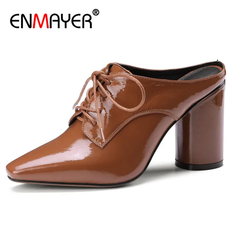 

ENMAYER Lace-up Shoes Woman High Heels Pumps Slingbacks Patent Leather Office Ladies Shoes Cross-ties Shallow Pumps Size 34-40