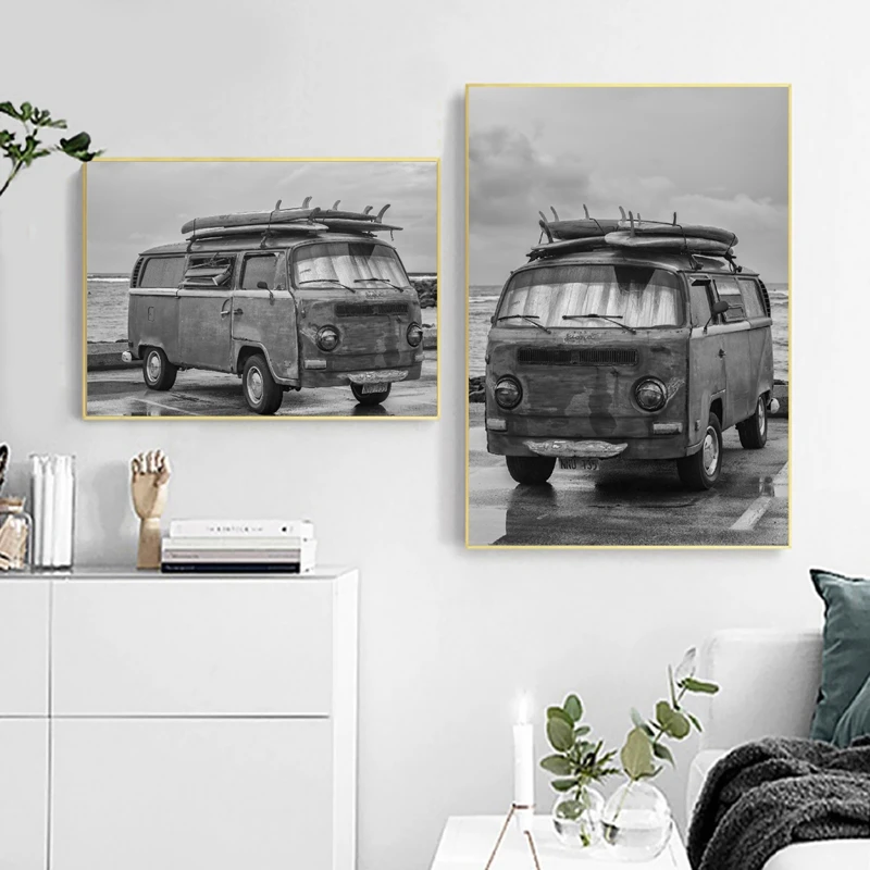 Surfing and old vans wall art print living room decor