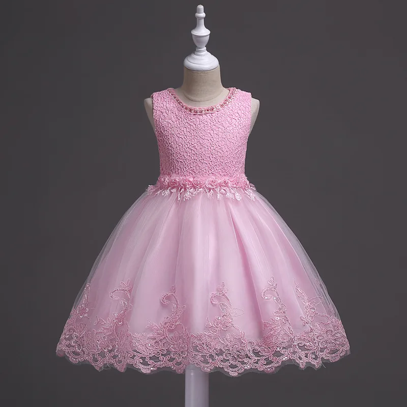 Милое бальное платье для маленьких детей летнее розовое платье без рукавов с голубыми белыми цветами без рукавов с жемчужинами для девочек 2, 3, 4, 5, 6, 7, 8, От 9 до 11 лет