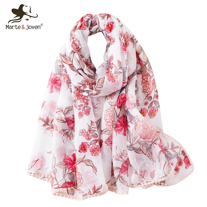 

Marte&Joven Luxury Brand Floral Print Light Pink Scarf for Ladies Lace Fringe Spring Autumn Soft Long Shawls Elegant Women Hijab