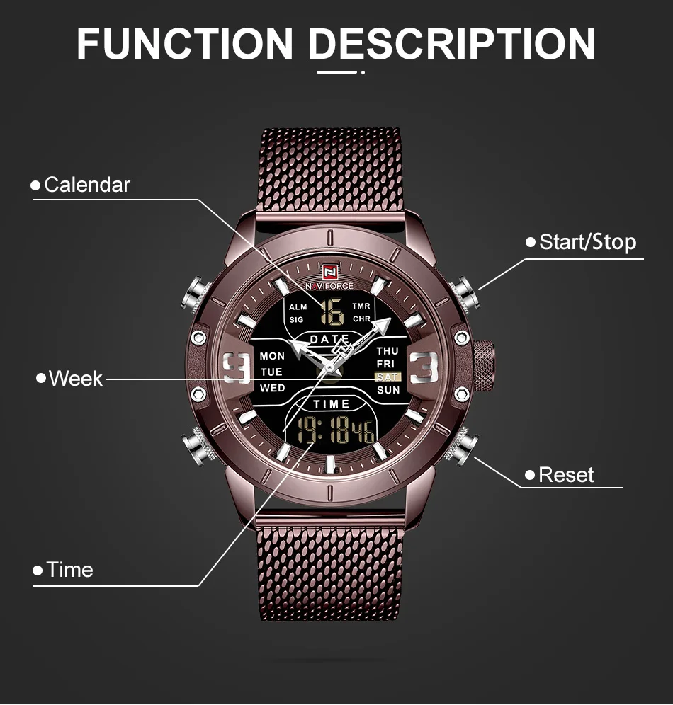 NAVIFORCE, мужские часы, Лидирующий бренд, роскошные спортивные часы, светодиодный, военный, водонепроницаемый, стальной ремешок, наручные часы для подарка, relogio masculino 9153