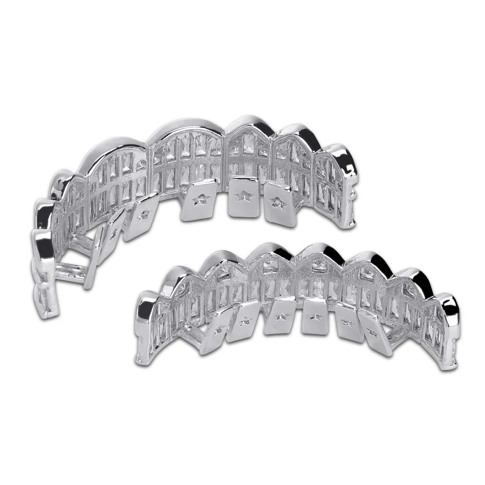Cheap New Custom Baguette Set Teeth Grillz Top Bottom Silver Color Grills Dental Mouth Hip Hop Fashion Jewelry Rapper Jewelry Gift