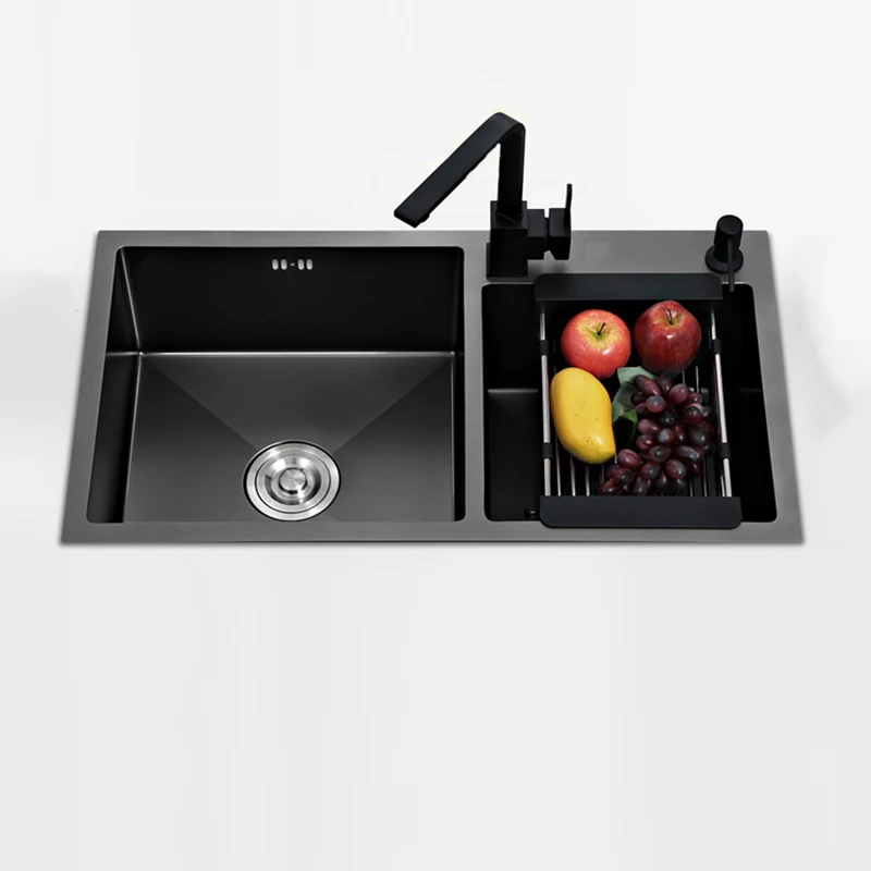 black kitchen sink double groove Handmade 304 stainless steel  seamless welding sinks kitchen vegetable washing basin black sink 6