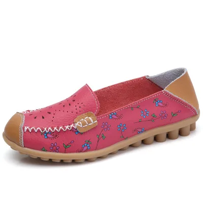 Mstacchi/Новые летние туфли из натуральной кожи с вырезами; женская повседневная обувь на плоской подошве с аппликацией; балетки; удобная обувь для мам - Цвет: Rose Red