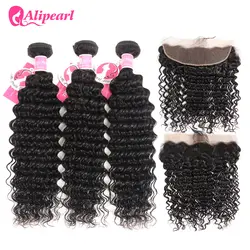 AliPearl, 3 пряди, бразильские, глубокая волна, 100% человеческие волосы, пряди с фронтальной частью, натуральные черные волосы remy для наращивания