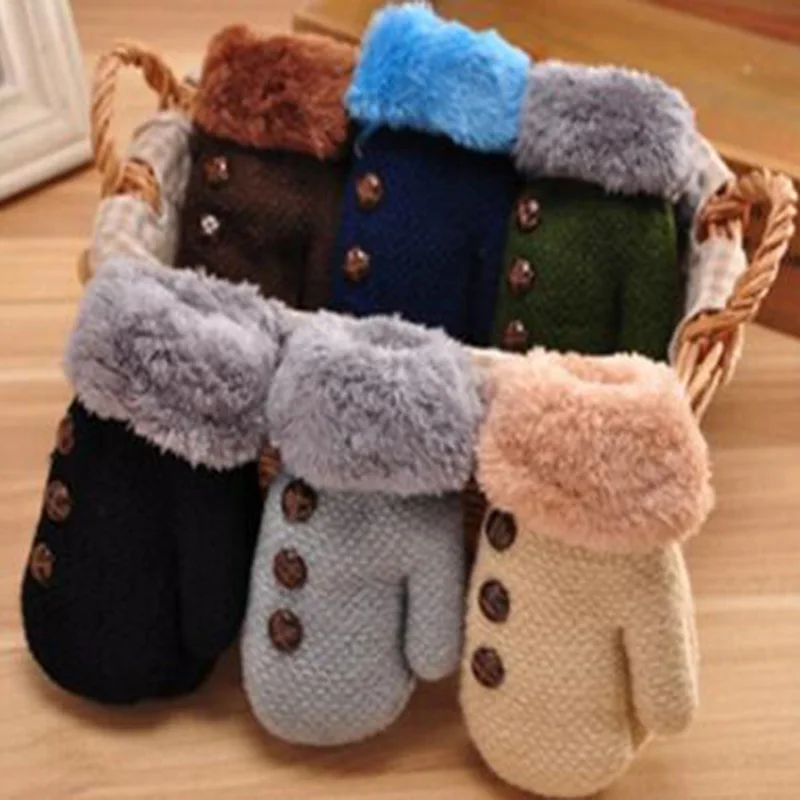 Lovely Winter Children' s Knitting Button Mittens Double Thickening Warm Kids Gloves Boy/Girls Plush Cuffs Fur Wool Gloves L39