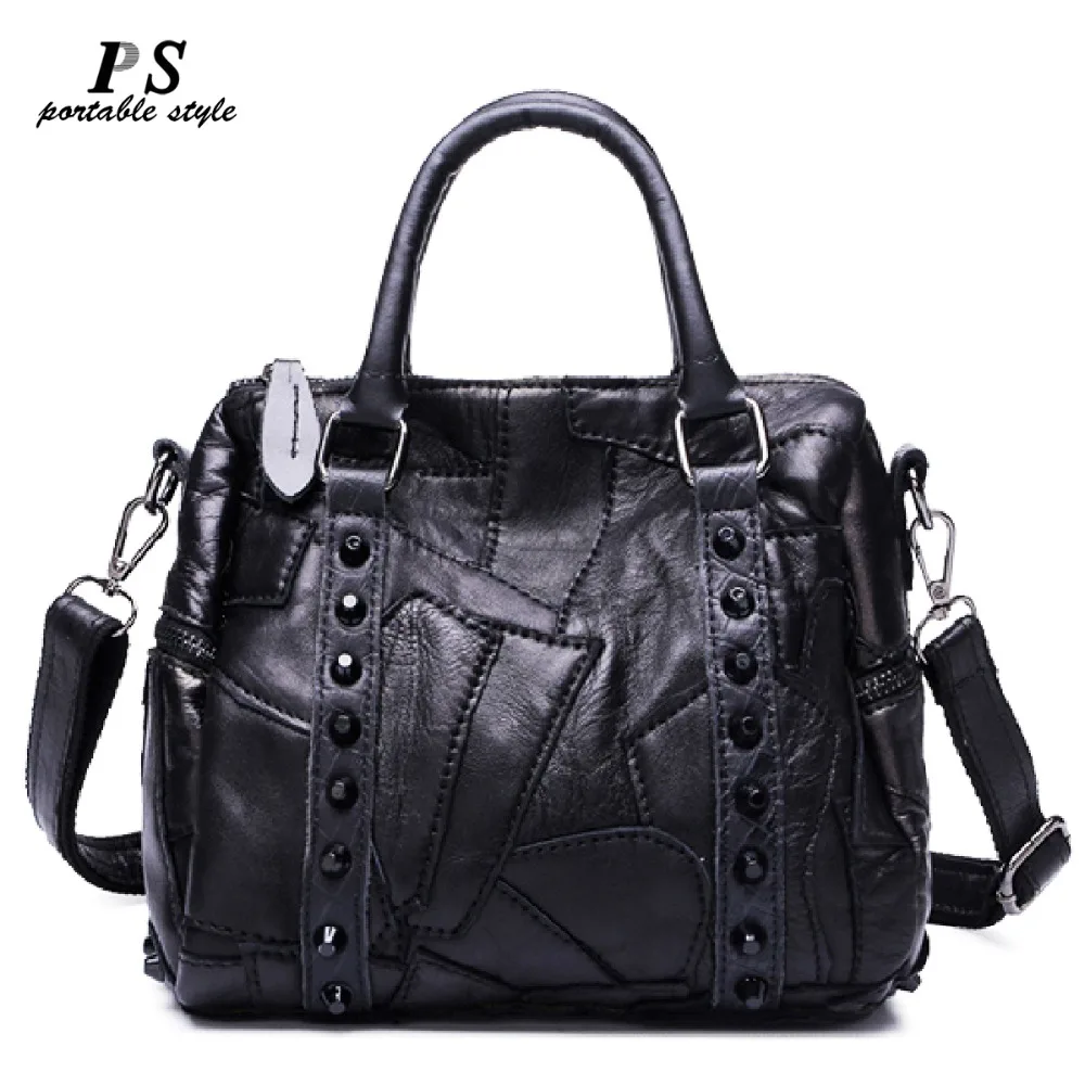 

2018 genuine leather boston women bag high quality ladies luxury designer rivet shoulder crossbody Patchwork bag flap bolsa