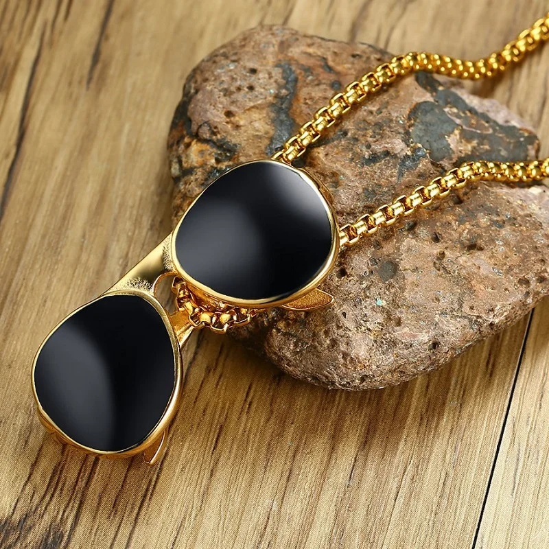 

Fashion Trendy Stainless Steel Sunglasses Enamel Necklace Men Charm Gold Silver Color Necklaces For Man Pendants Unisex Jewelry
