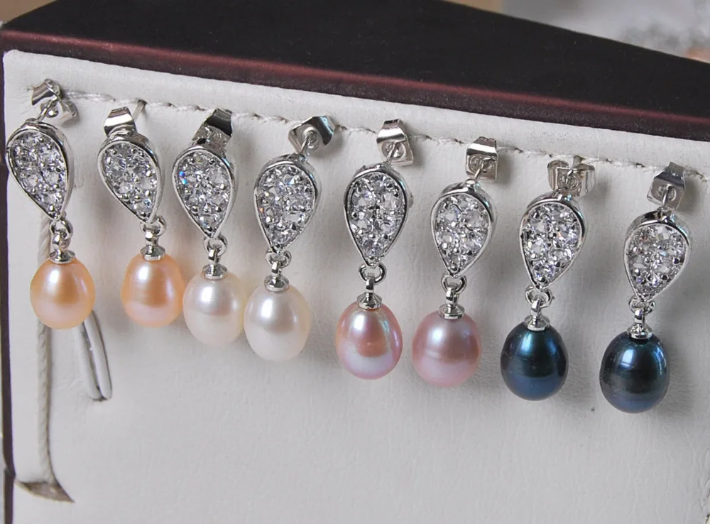 

FREE SHIPPING HOT sell new Style >>>>Wholesale 4Colors 8-9mm Rice Akoya Cultured Pearl Dangle Earrings AAA Grade F03