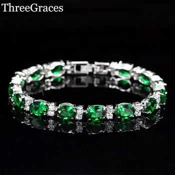 

ThreeGraces Fashion Silver Color Cubic Zircon Setting Oval Dark Green Stones Bracelet Femme Jewelry Accessories BR016