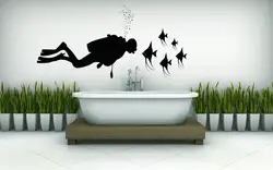 Человек goning под водой с рыбой силуэт наклейки на стены дома Ванная комната Прохладный декор Дайвинг подарок Книги по искусству стены