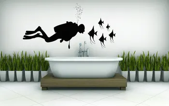

Man Goning Under Water With Fish Silhouette Wall Decals Home Bathroom Cool Decor Scuba Diving Gift Art Vinyl Wall Sticker Wm-034