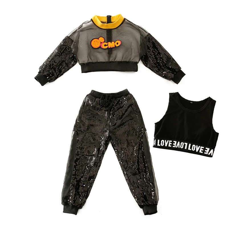 Girls Sequined Ballroom Jazz Hip Hop Dance Competitions Costumes Shirt Tops Hot pants Kids Clothing Dancing Wear Outfits