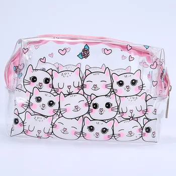 

ACQUEEN Cute Cat Female Cosmetic Bag Women Makeup Organizers PVC Cosmetic Cases Cartoon Toiletry Bag Purse Transparent Pouch