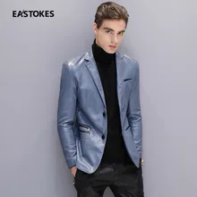 Мужской кожаный костюм с карманами на молнии Мужские приталенные кожаные куртки модные мужские пальто из искусственной кожи Синяя кожаная одежда размера плюс