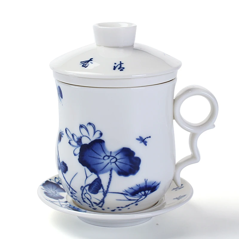 Синий и белый фарфор, керамическая офисная чайная чашка с крышкой, фильтр, отдельные кружки и блюдца - Цвет: 17