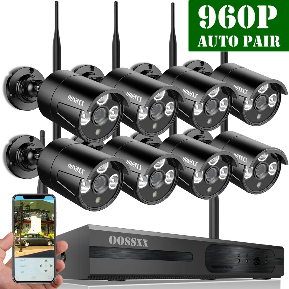 

OOSSXX 8CH 1080P Wireless NVR Kit Wireless CCTV Camera System 1.3MP Indoor Outdoor IP66 IP Camera P2P Video Surveillance System