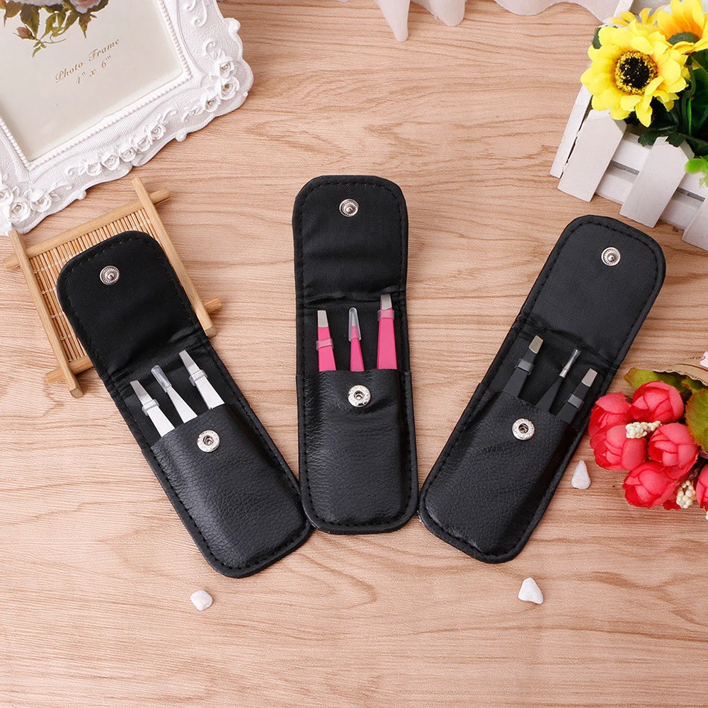 3Pcs/set Eyebrow Tweezers Stainless Steel Point Tip/Slant Tip/Flat Tip Hair Removal Makeup Tools Accessory with Bag Case