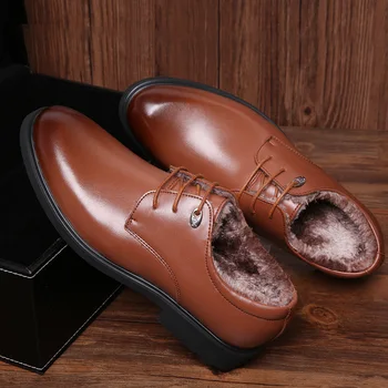 

Vogue Warm Fur Business Dress Men Formal Shoes Wedding Roud Toe Fashion Leather Shoes Flats Oxford Shoes For Men Big Size 26-68