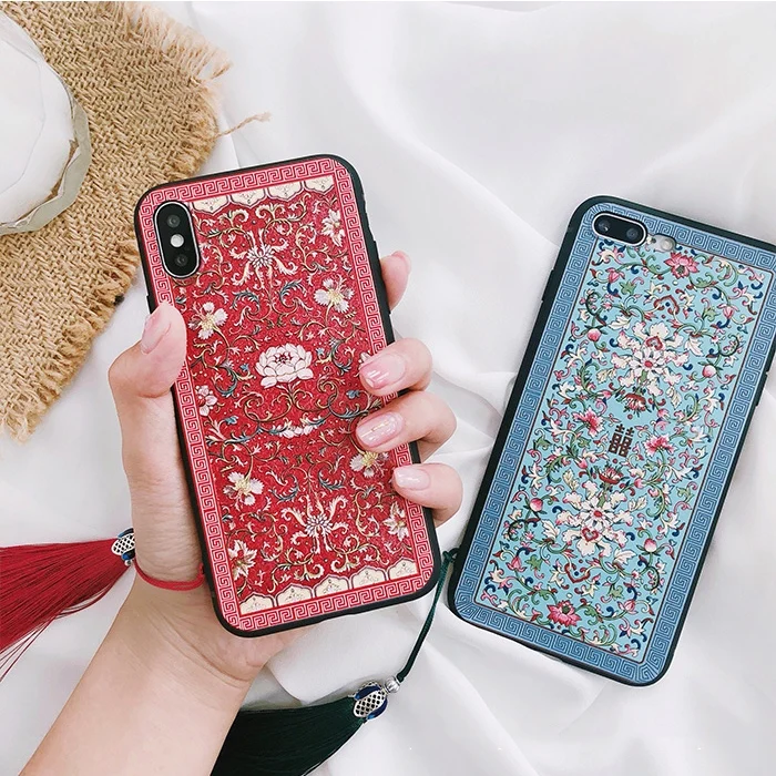 Vintage Tassel Floral Emboss Phone Case For iphone X 6 6s 7 8 7plus Luxury Embossed embroidery