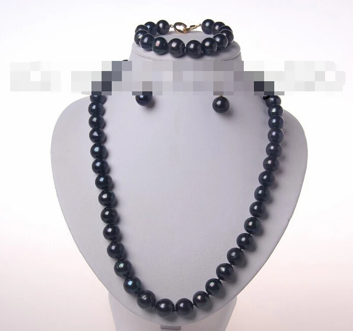 

Fast shipping + 12607 round black freshwater pearl necklace bracelet earrings (A0516)