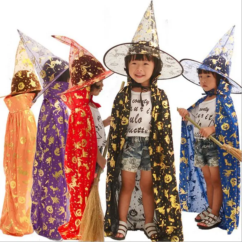 90cm children adult kid halloween party witch  death cloak black red blue orange purple cape hat printing pumpkin bat ghost