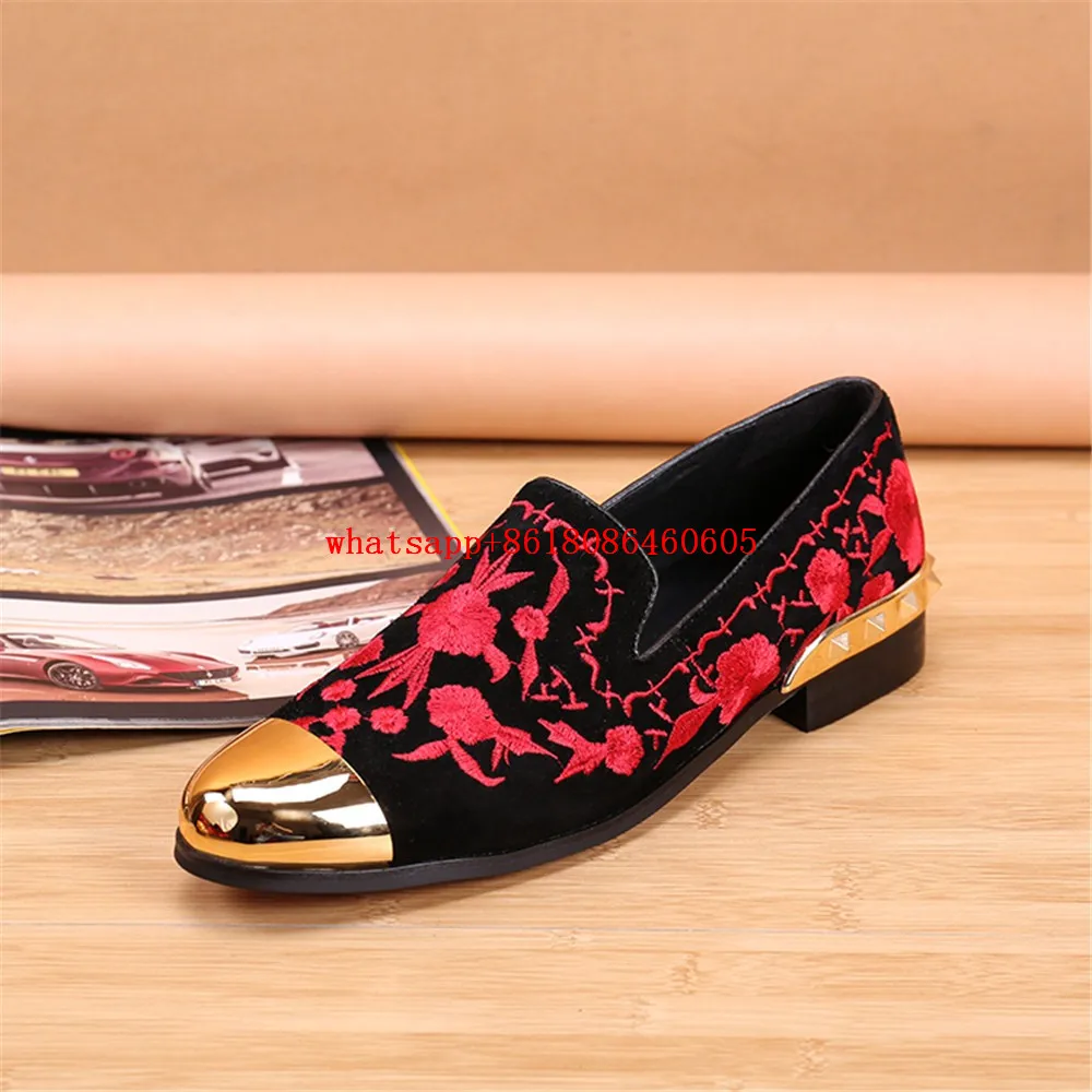 Plus Size Red Embroidered Gold Toe Dress Shoes Men Flower Design