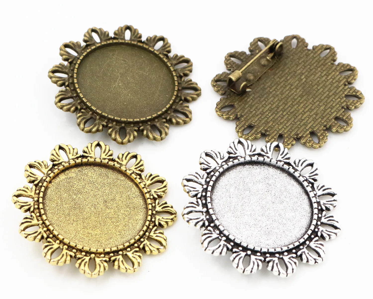 

New Fashion 2pcs 25mm Inner Size Antique Silver and Antique Bronze and Antique Gold Plated Brooch Cabochon Base Setting