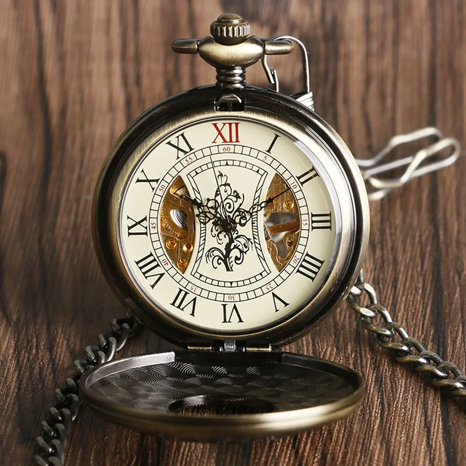 Деревянный Для мужчин карманные часы Роскошный подарок Механическая Рука обмотки бронза античная Стиль скелет часы стимпанк Круглый