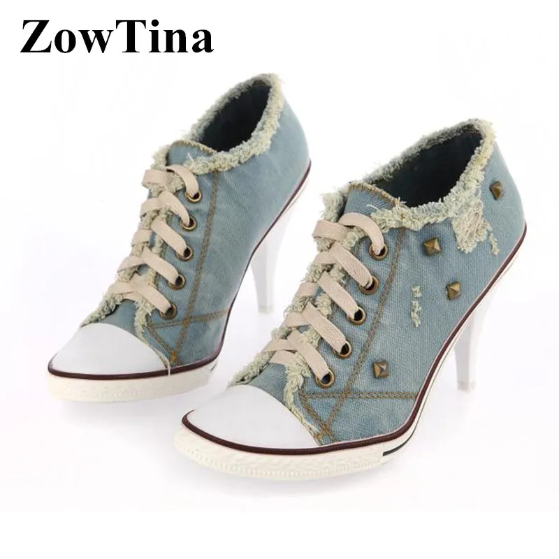 Light Blue Women Denim Ankle Boots Studded Autumn Booties Cowgirls High Heels Short Botines