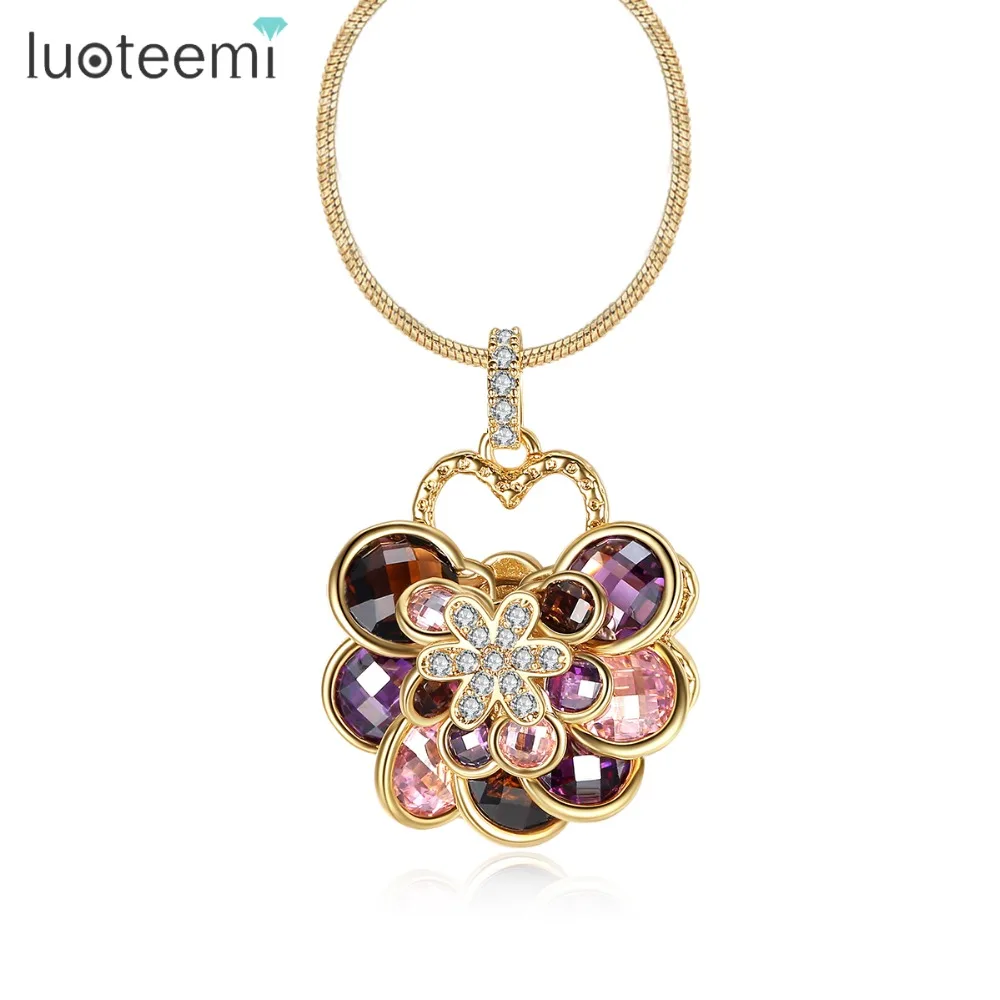 

LUOTEEMI Luxurious Colorful Zircon Flower Necklace Female Pendant Champagne Gold Color Multicolor CZ Collier Jewelry for Women