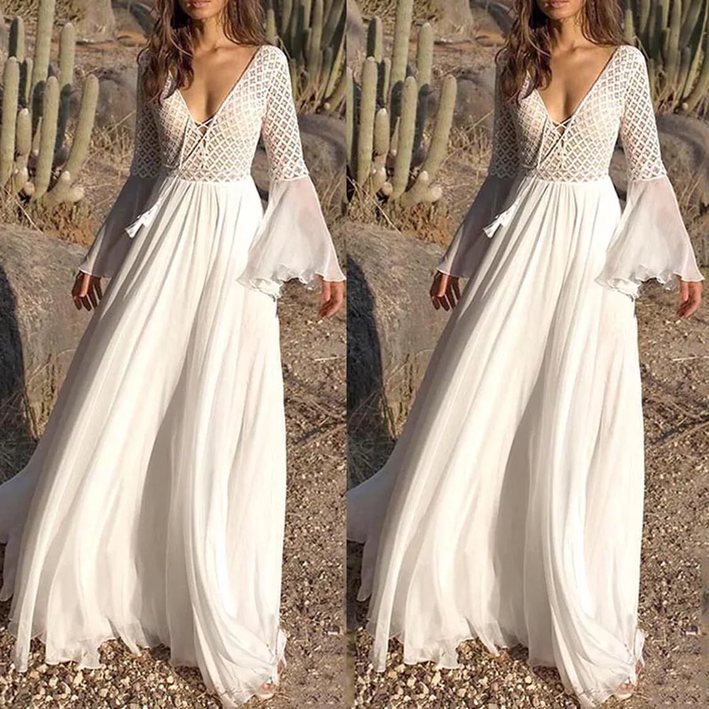 

Women's Sexy Lace Flare Sleeve White Maxi Long Dress 2019 Bohemian Elegant Summer Party Hollow V-Neck High Waist Dress Vestidos