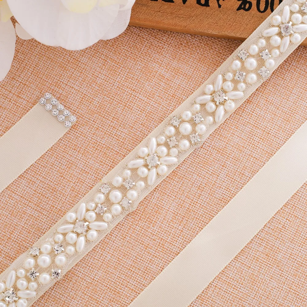 Pearls Wedding Belt Handmade Crystal Bridal Sash Simple Silver Rhinestones Bridal Belt Sash For Wedding Dresses
